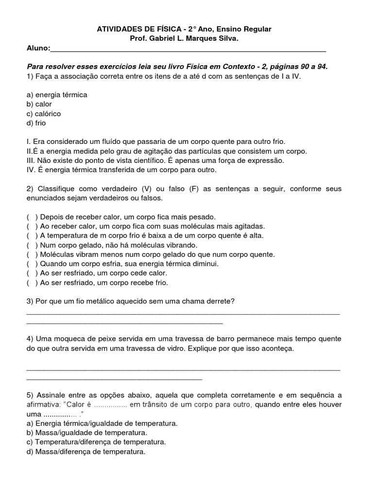 Atividades de Calor e Temperatura - 2º Ano | PDF | Calor | Celsius