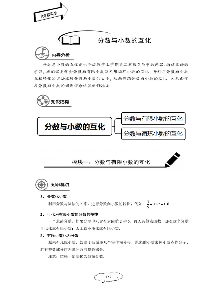 六年级秋季班第6讲 分数与小数的互化 Pdf