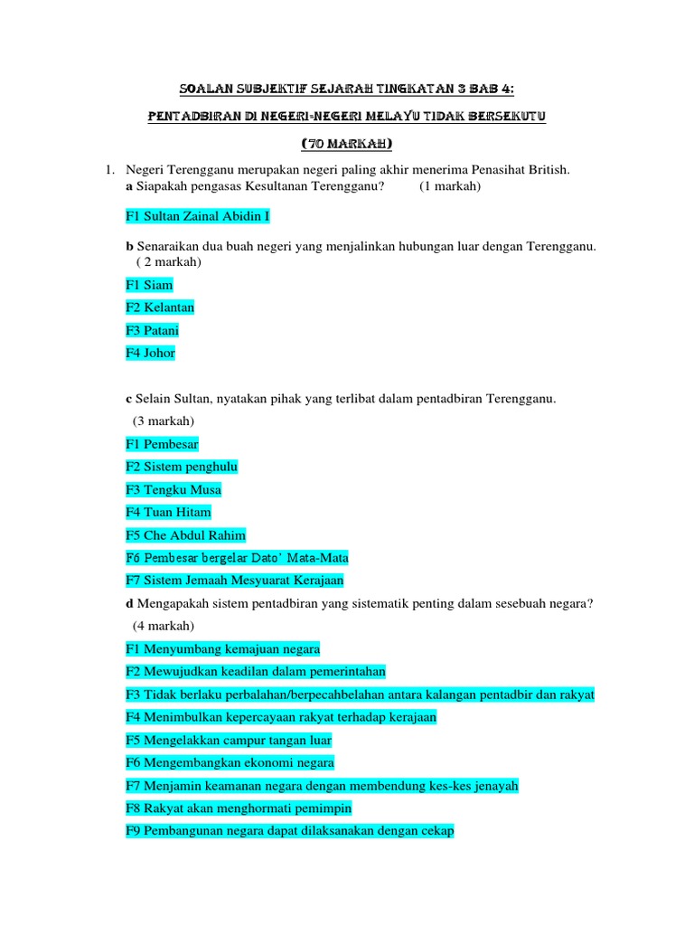 Soalan Subjektif Sejarah Tingkatan 3 Bab 4 Jawapan Lengkap Pdf