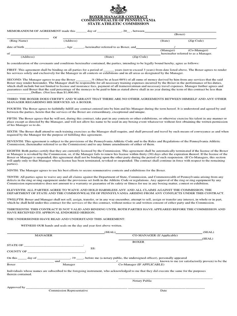 Boxer Manager Contract | PDF | License | Notary Public