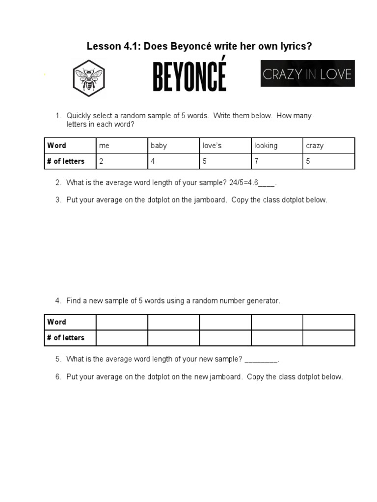 Lesson 4.1: Does Beyoncé Write Her Own Lyrics?: Word # of Letters | PDF