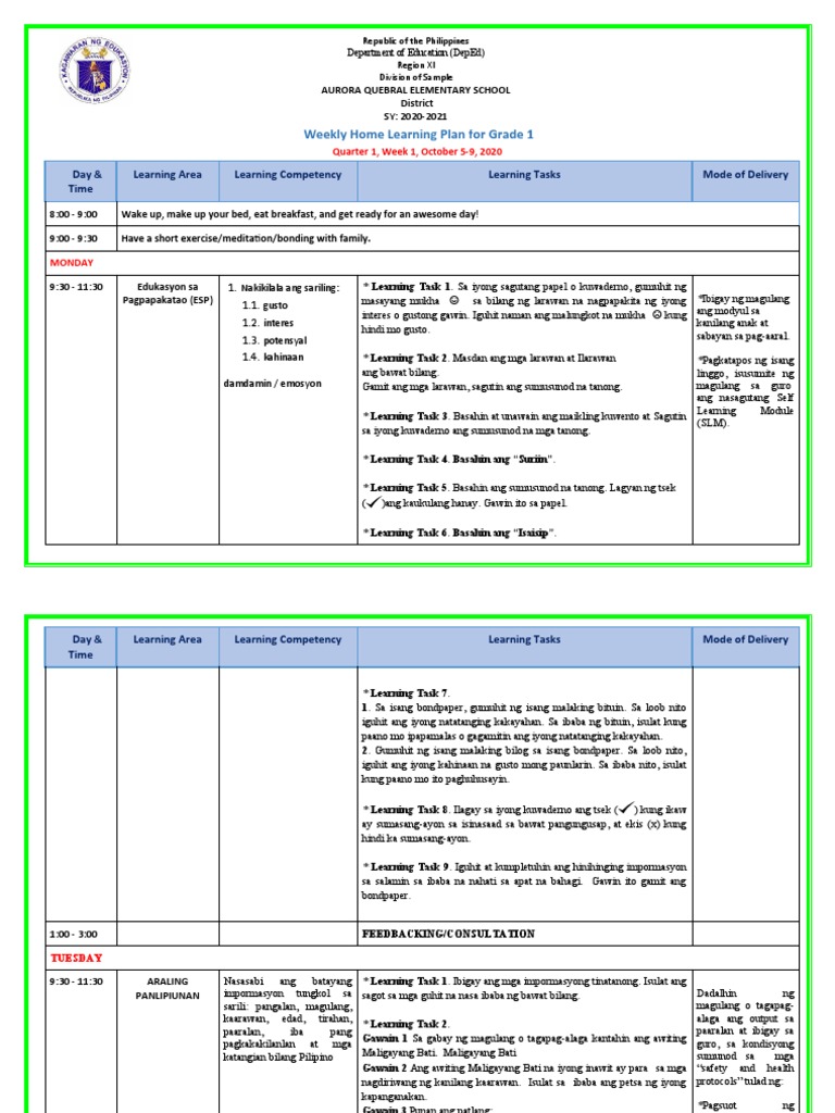 Grade 1 - All Subjects - WHLP - Q1 - W1 | PDF