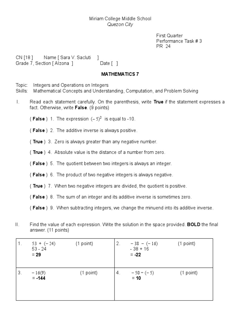 Grade 7 Integers Performance Task | PDF | Subtraction | Integer