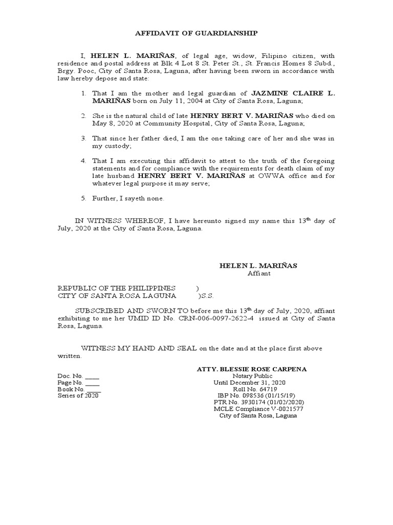 Affidavit of Guardianship Sample | PDF