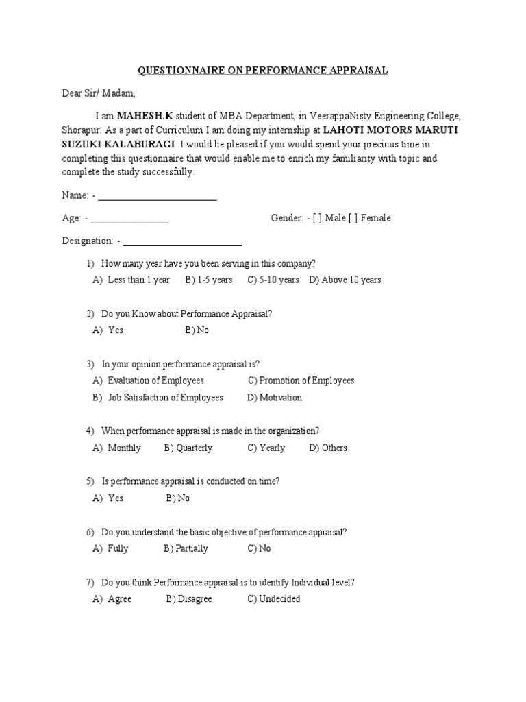 Performance Appraisal Questionnaire | PDF | Performance Appraisal ...