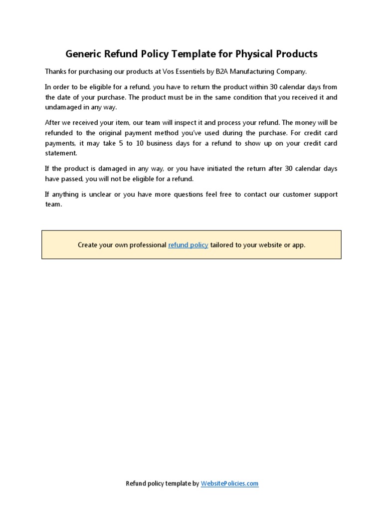 Generic Refund Policy Template | PDF | Finance & Money Management