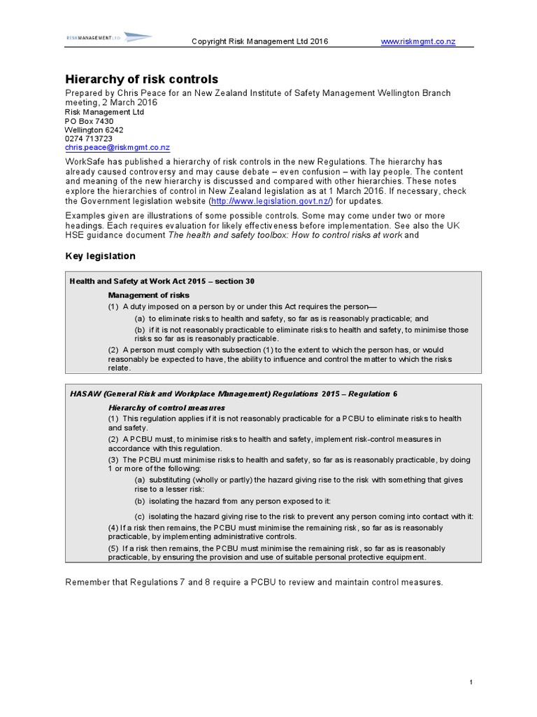 Hierarchy of Risk Controls Key Legislation PDF Personal Protective