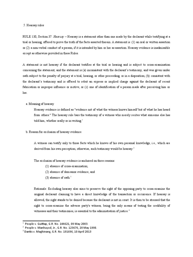 Analysis of Hearsay Exceptions under Philippine Law PDF Hearsay