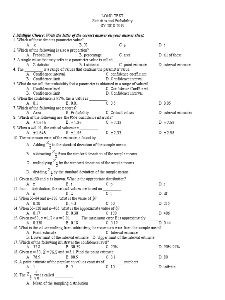 Statistics and Probability Exam Questions | PDF | Confidence Interval ...