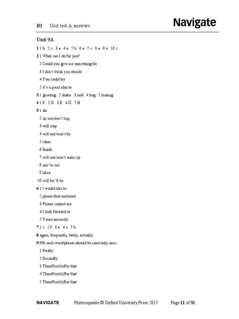 B1 Unit Test A Answers Unit 9A Navigate Photocopiable © Oxford