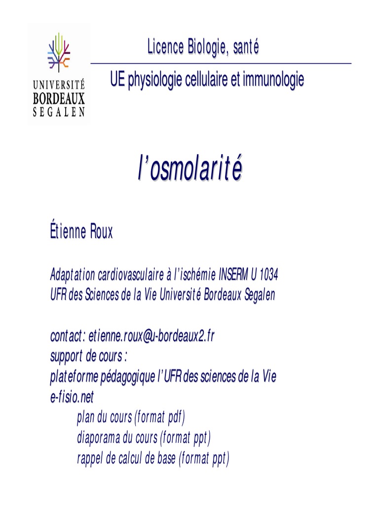 Calcul de l'osmolarité et pression osmotique PDF Osmose — free download