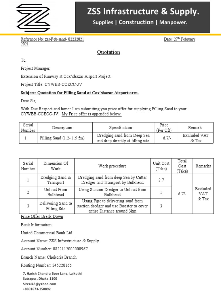 Quotation for Filling Sand at Cox's Bazar | PDF | Dredging | Services ...