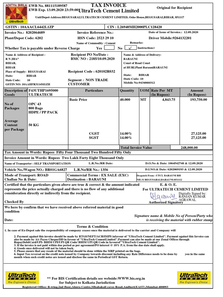 UltraTech Cement Invoice Details | PDF | Payments | Invoice