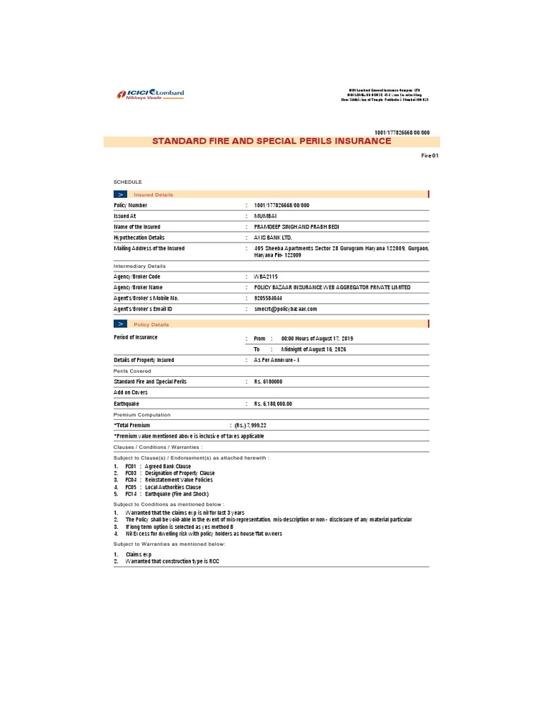 Standard Fire and Special Perils Insurance: Schedule | PDF | Tropical ...