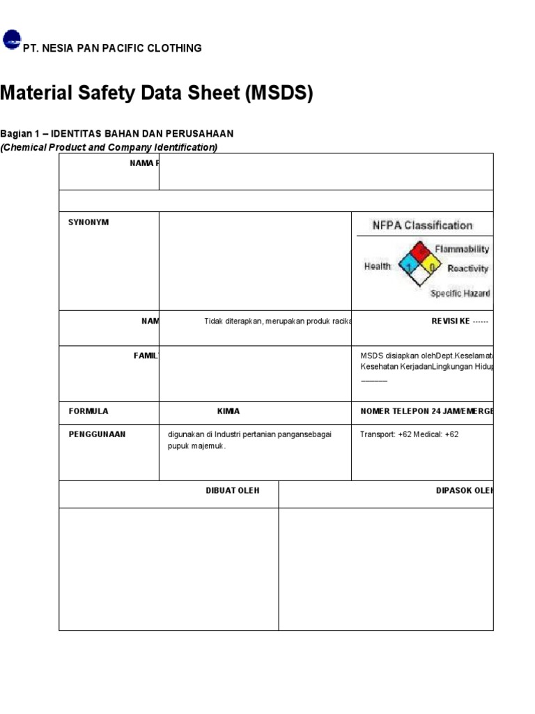 Material Safety Data Sheet (MSDS) : Pt. Nesia Pan Pacific Clothing | PDF