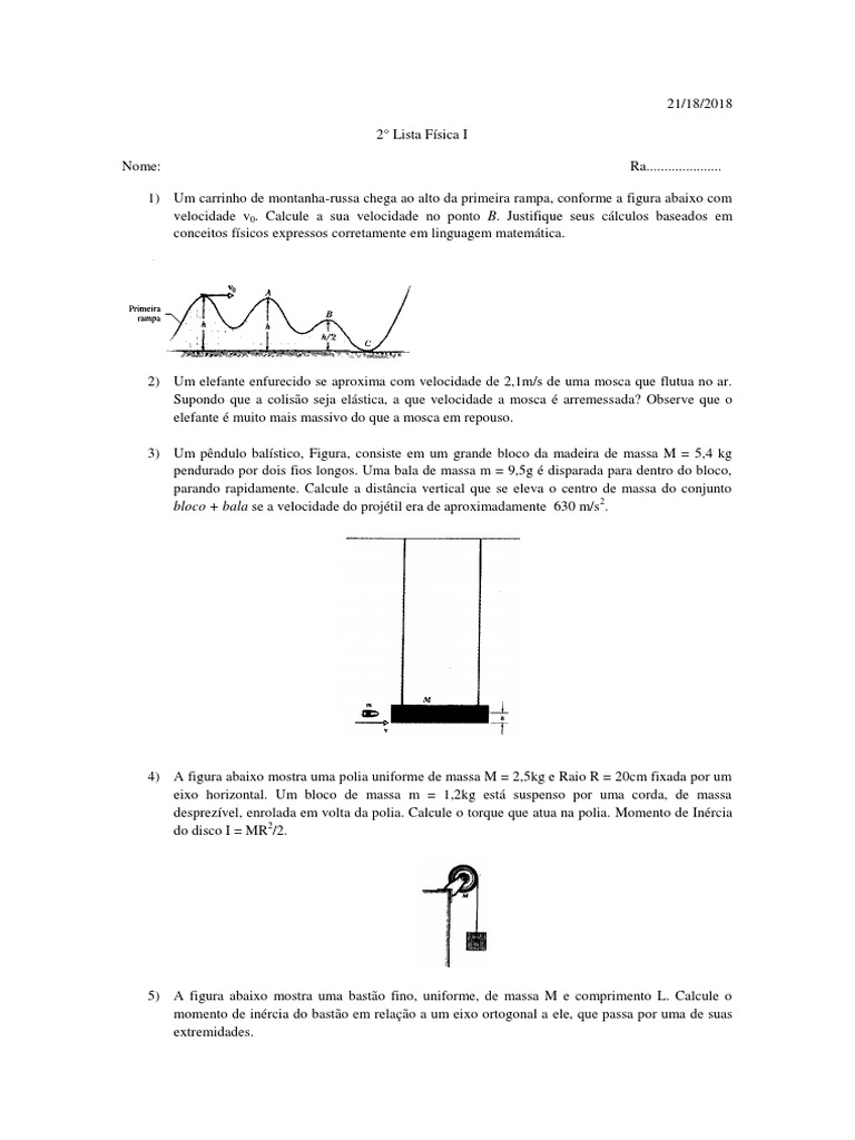 Lista de Exercícios Física 1 | PDF | Iniciativa/Conjuntura | Massa