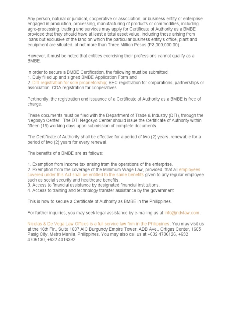 BMBE Registration Requirements in the Philippines | PDF | Finance ...