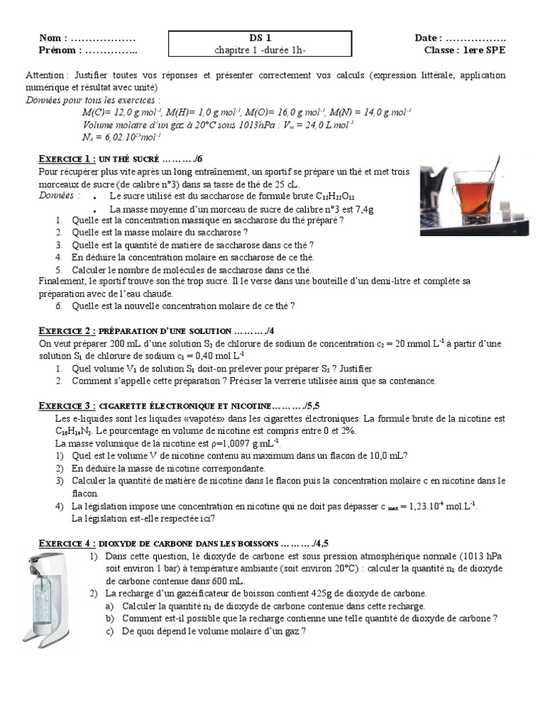 Exercices de Chimie pour 1ere SPE | PDF | Concentration molaire