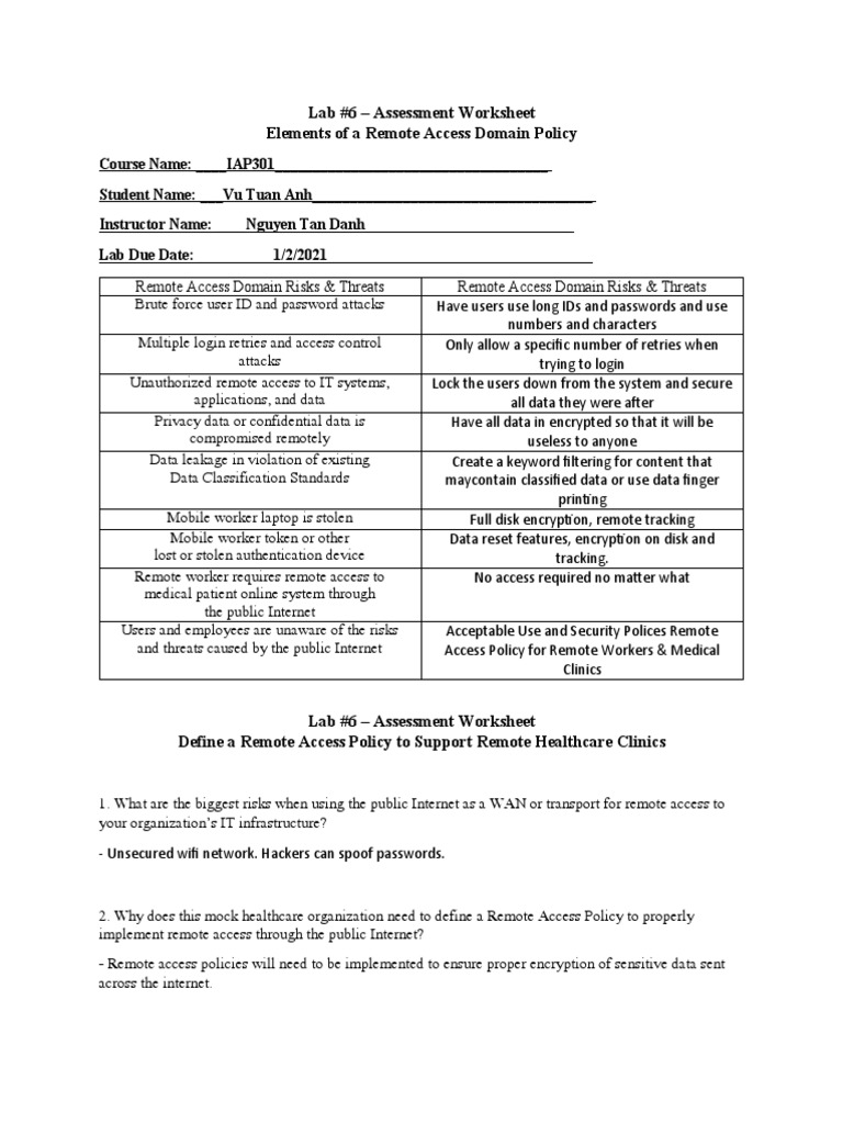 Lab 6 assessment worksheet elements of a remote access domain policy