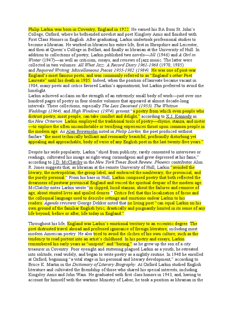 Philip Larkin Highlighted Notes | PDF | Thomas Hardy | Poetry
