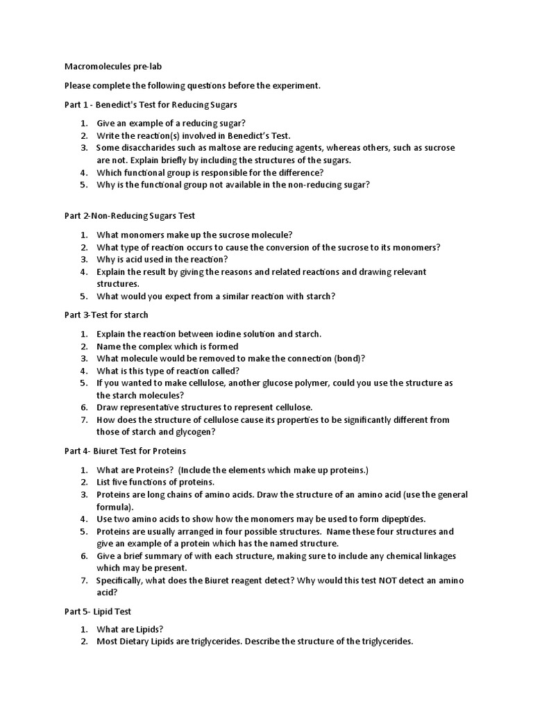 Macromolecules Pre-Lab | PDF | Starch | Sucrose