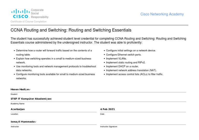 CCNA Routing and Switching Essentials Certificate | PDF