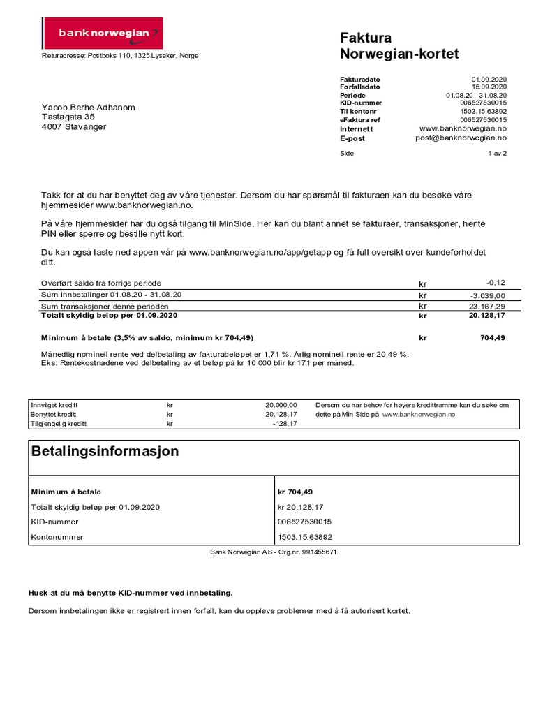 Faktura Norwegian-Kortet: Internett E-Post | PDF