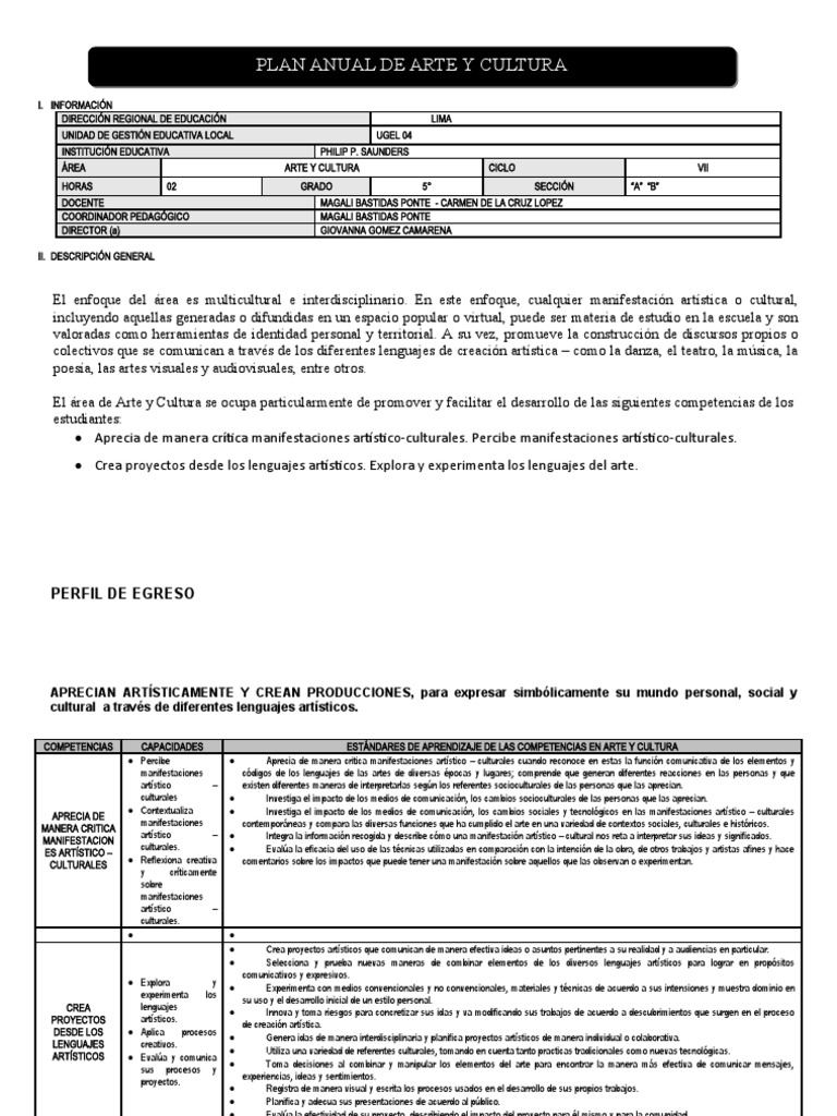 Plan Anual de Arte y Cultura PDF Evaluación Maestros
