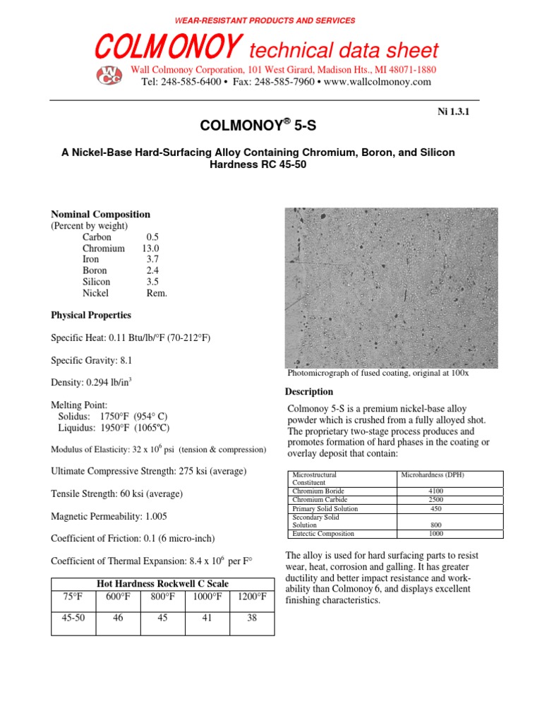 Colmonoy 5S Data Sheet PDF Alloy Heat Treating