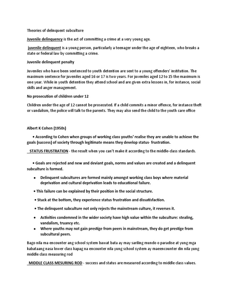 Theories of Delinquent Subculture PDF Juvenile Delinquency Human