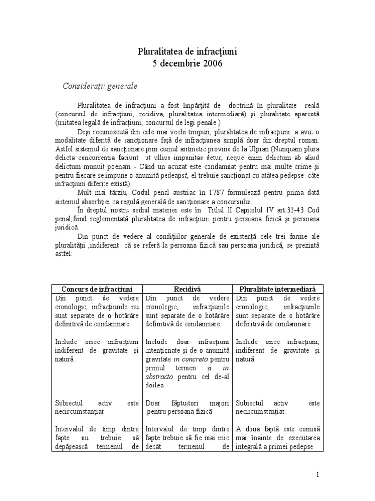 Curs de Drept Penal NR 4 Pluralitatea de Infractiuni | PDF