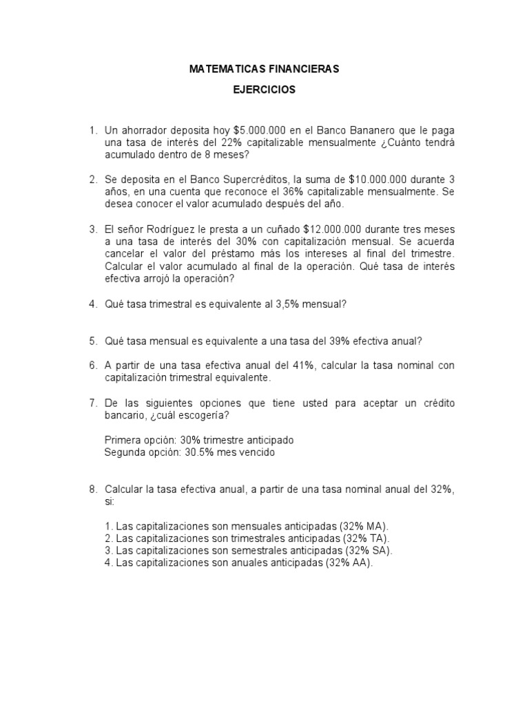 Ejercicios de Matemáticas Financieras | PDF | Negocios | Finanzas y dinero