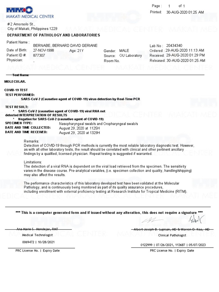 PCR Test Result for Bernard Bernabe | PDF