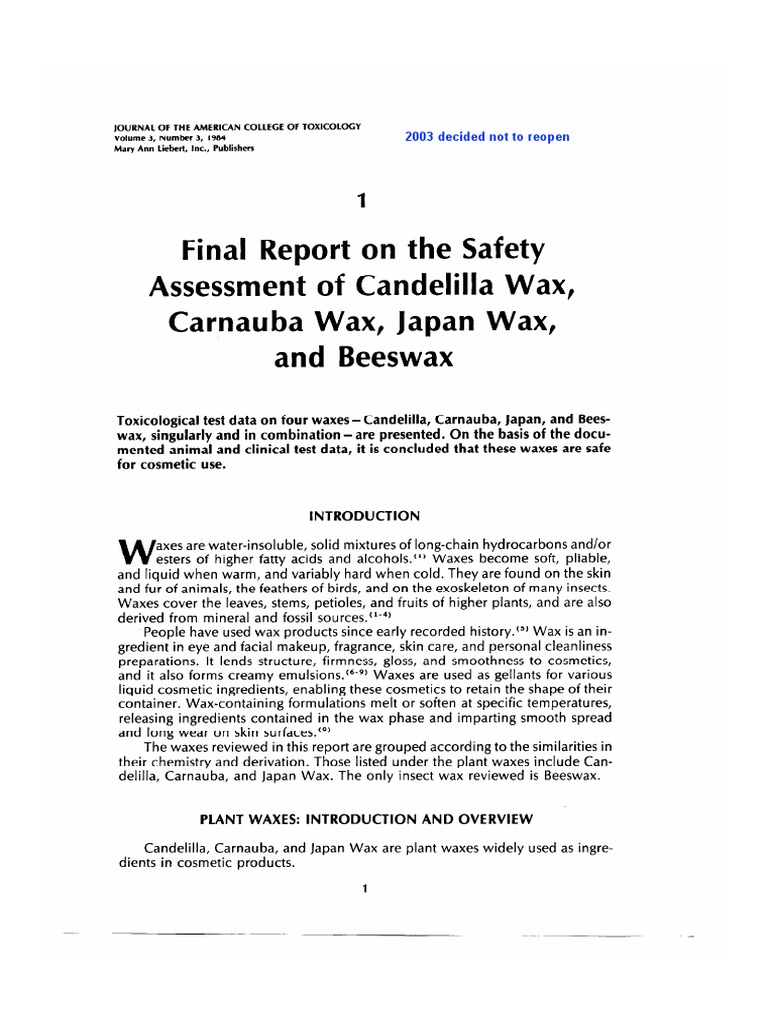 Analysis of the Safety of Candelilla Wax, Carnauba Wax, Japan Wax, and Beeswax for Cosmetic Use