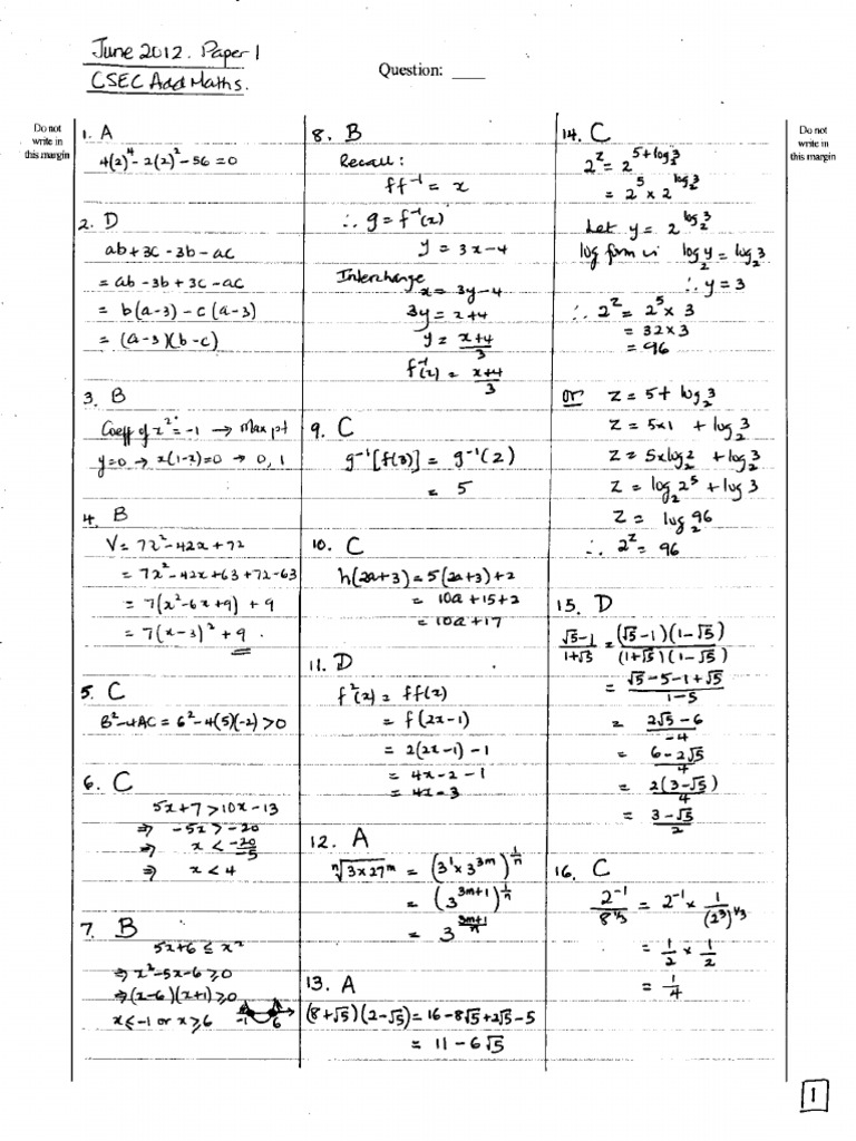 June 2012 CSEC Add Maths P1 Solutions | PDF