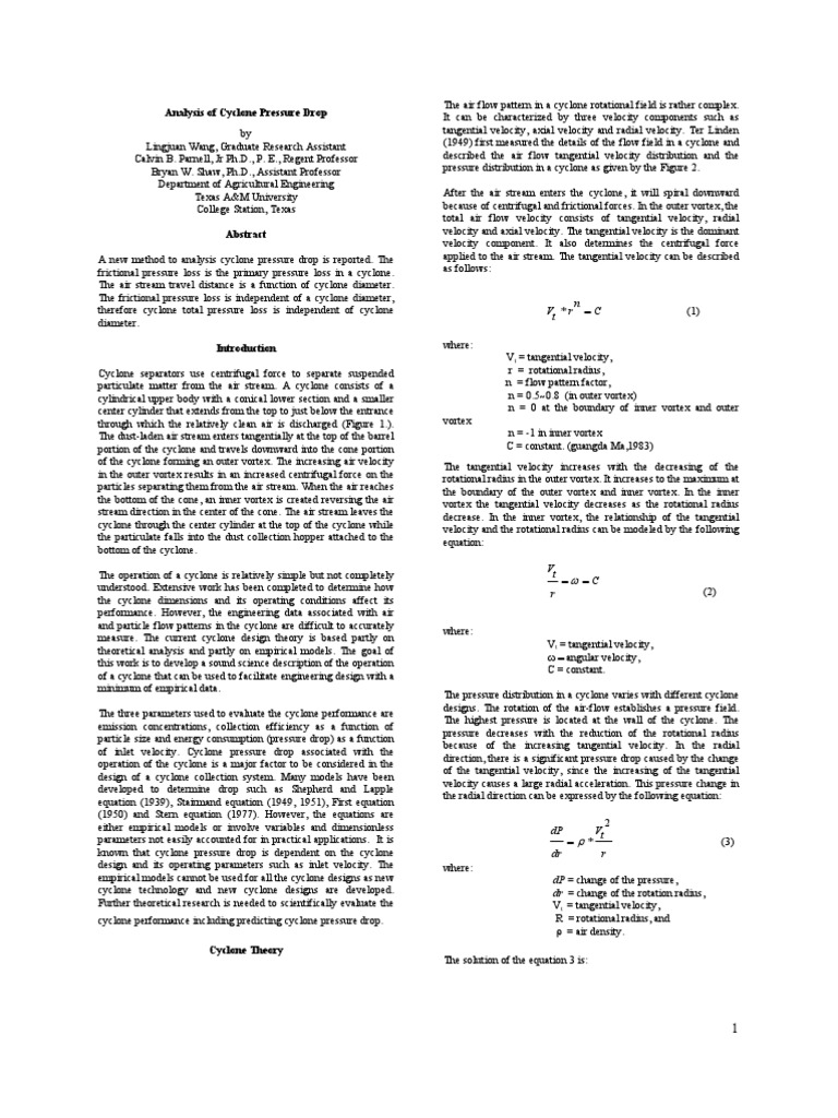 Cyclone Pressure Drop Analysis | PDF | Vortices | Applied And ...