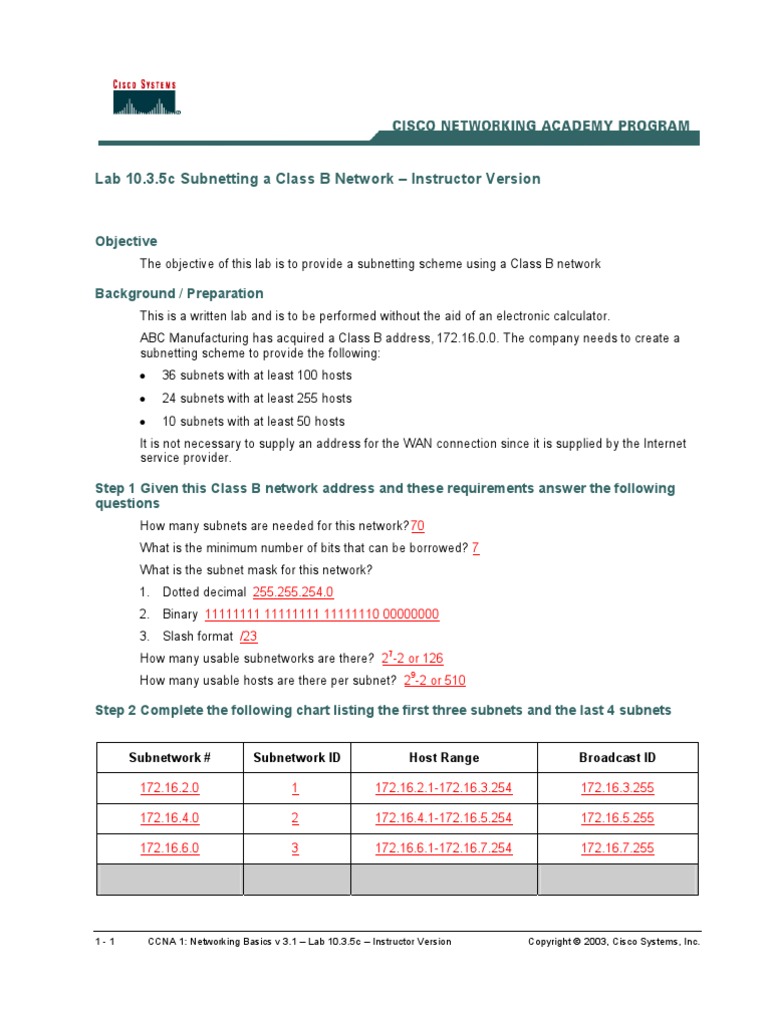 Lab 10.3.5c Subnetting A Class B Network - Instructor Version | PDF ...