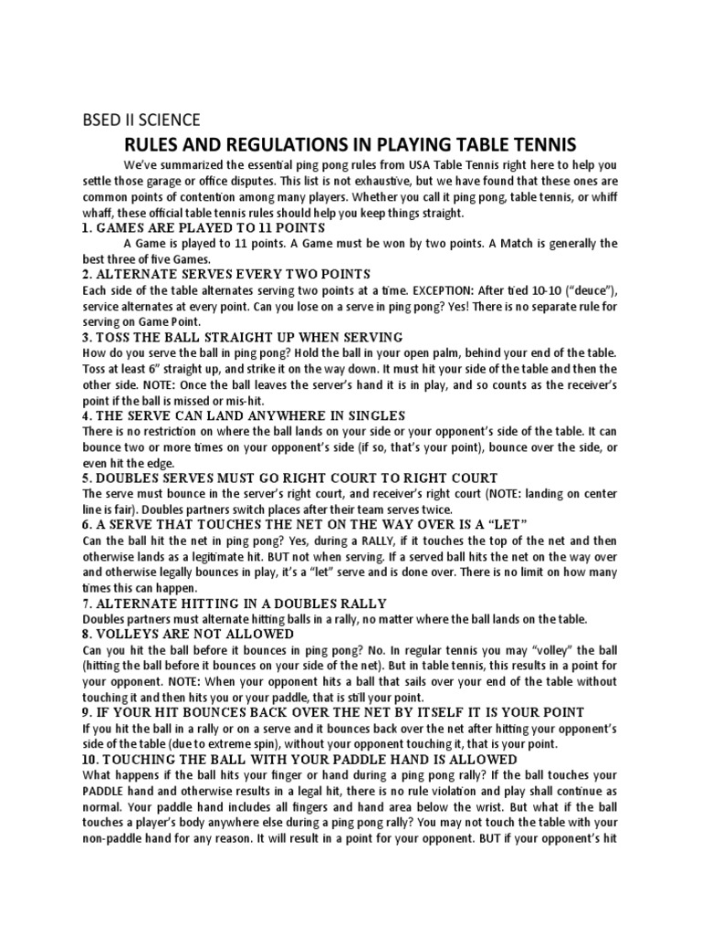 Table Tennis Rules and Regulations PDF Table Tennis Ball Games