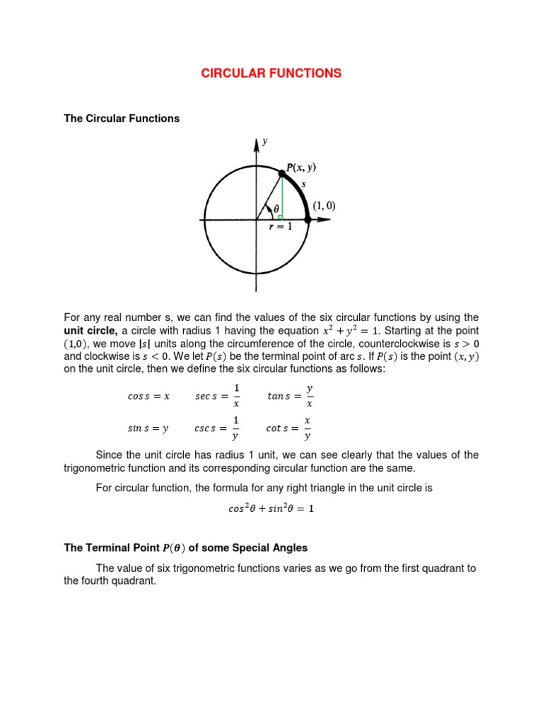 CIRCULAR FUNCTIONS (Lesson 5) PDF Trigonometric Functions Angle