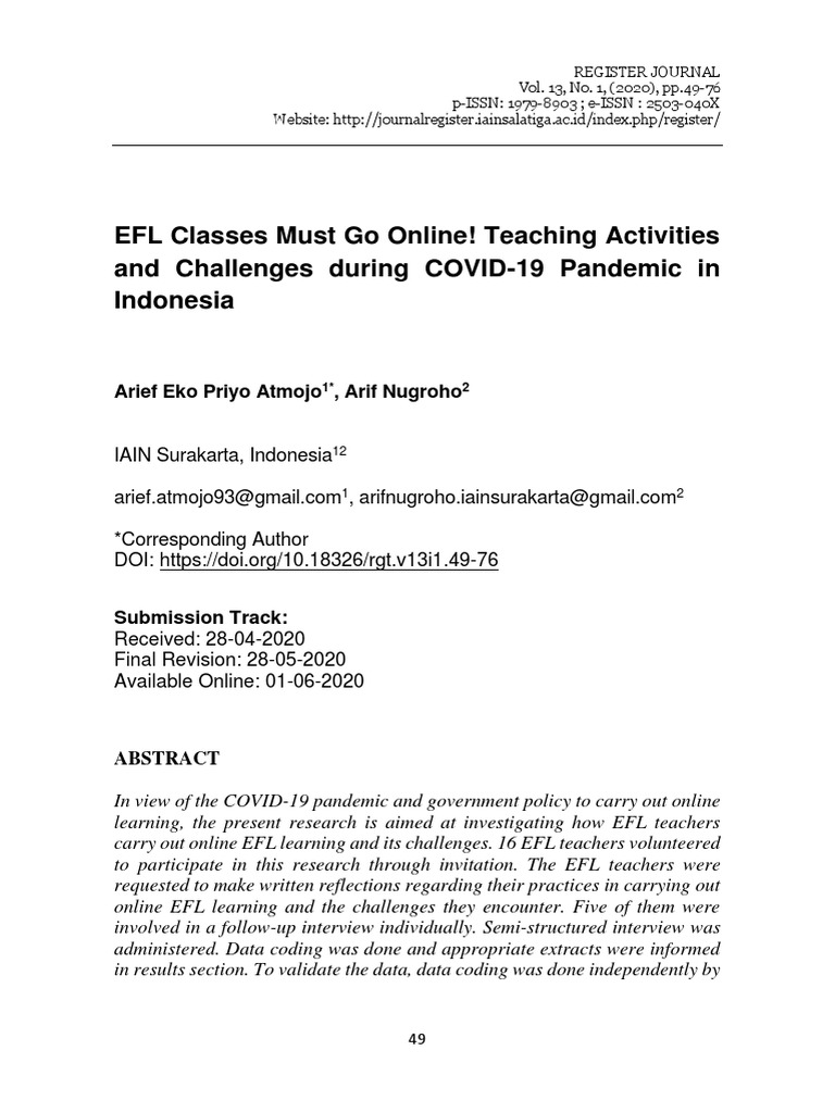 EFL Classes Must Go Online! Teaching Activities and Challenges During ...