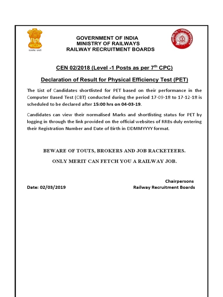CEN 02/2018 (Level - 1 Posts As Per 7 CPC) Declaration of Result For ...