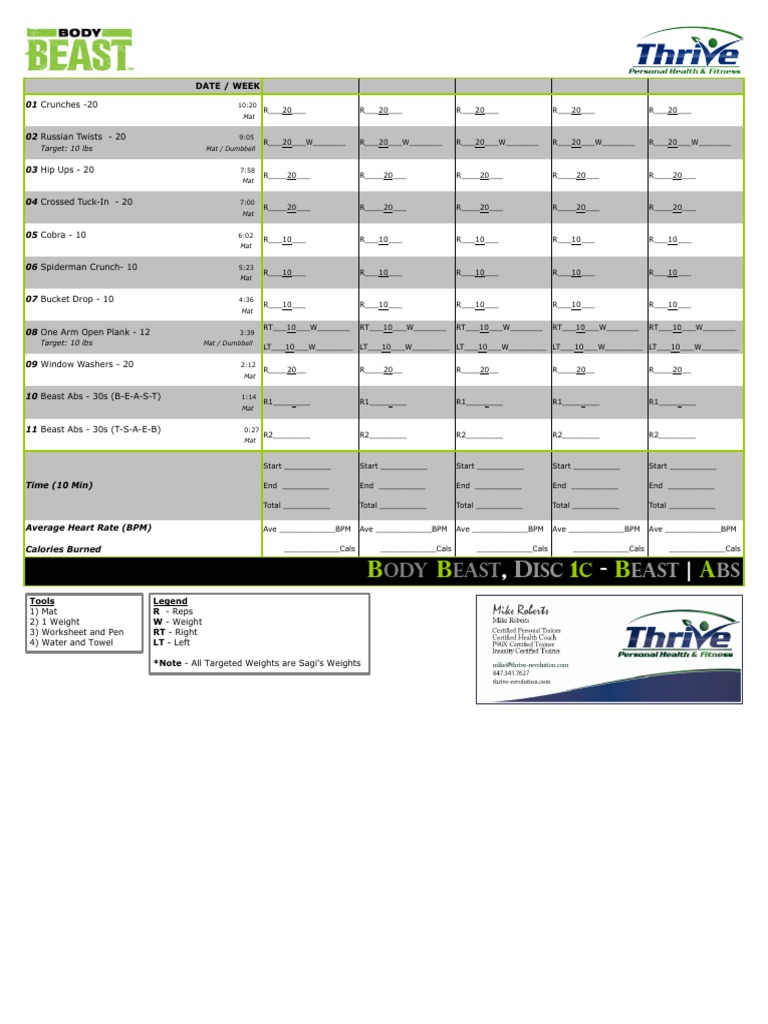 Plyometrics Sheets P90x Workouts Free Body Beast 01c BEAST Abs PDF - Main Image