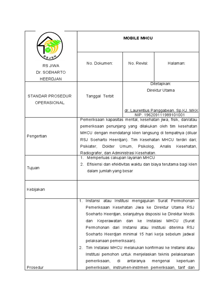 Prosedur Mobile MHCU RSJ Soeharto | PDF | Sains & Matematika