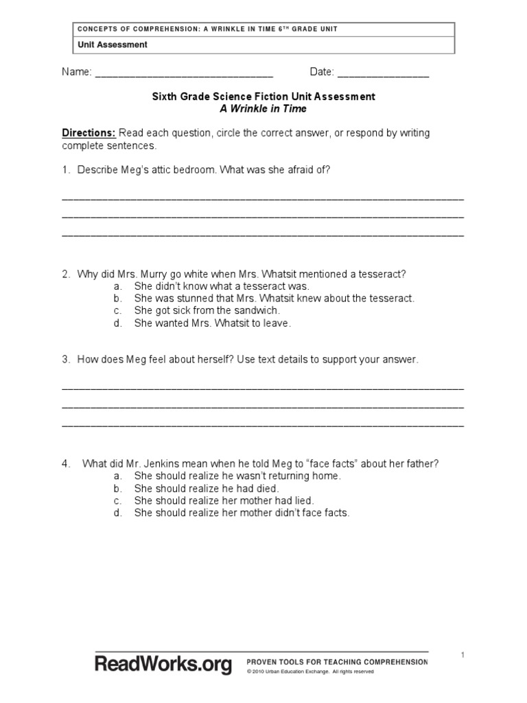 Sixth Grade Science Fiction Unit Assessment A Wrinkle in Time PDF