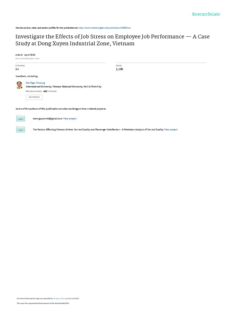 Job Stress Impact on Performance in Vietnam | PDF | Occupational Stress ...