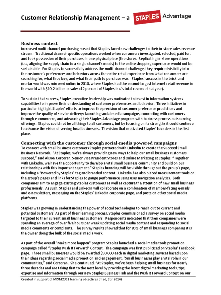 Staples Case Study Customer Relationship Management PDF Social