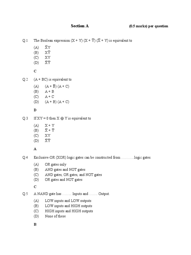 Boolean Logic and Digital Circuits Multiple Choice Questions on Logic