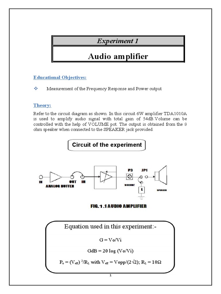 Audio Amplifier Experiment 1 PDF Amplifier Information And Communications Technology