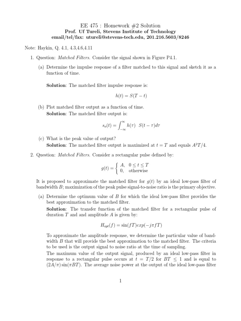 Matched Filterhw2soln | PDF | Filter (Signal Processing) | Signal To ...