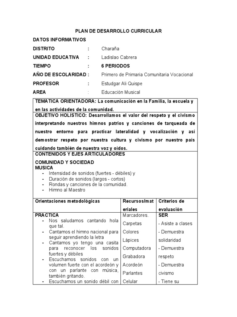 Plan de Desarrollo Curricular | PDF | Canciones | Partituras